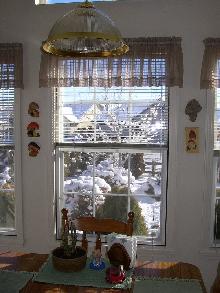 Interior living space with a double-hung window view to an outside winterscape.